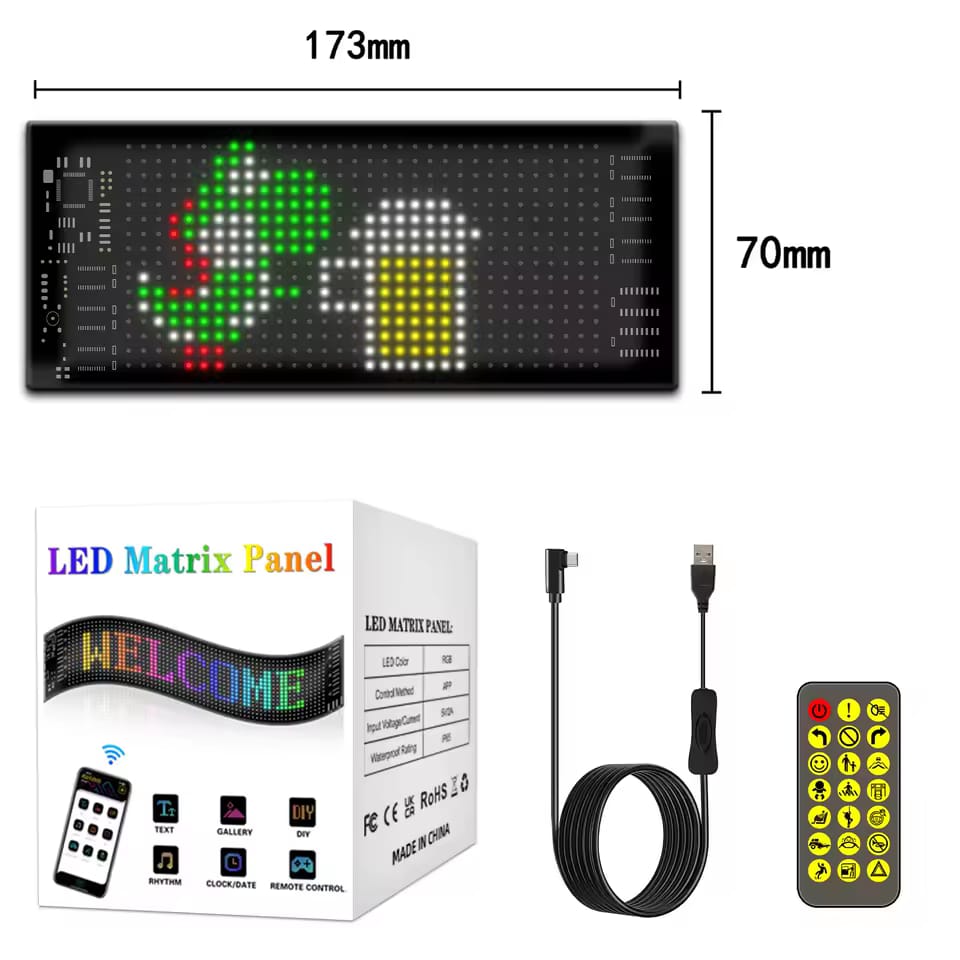 Panou afisaj Matrix LED BZRSH, flexibil, display RGB, 595x120 mm, devil eyes, ochi camion, ceas, mesaje personalizate, control aplicatie si telecomanda, conectare USB - imagine 2