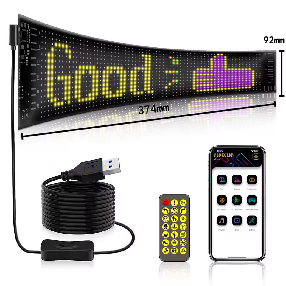 Panou afisaj Matrix LED BZRSH, flexibil, display RGB, 595x120 mm, devil eyes, ochi camion, ceas, mesaje personalizate, control aplicatie si telecomanda, conectare USB