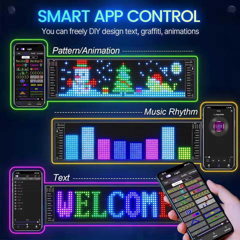 Panou afisaj Matrix LED BZRSH, flexibil, display RGB, 595x120 mm, devil eyes, ochi camion, ceas, mesaje personalizate, control aplicatie si telecomanda, conectare USB - imagine 4