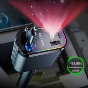 İncărcător auto 4-în-1 cu cabluri retractabile Type-C și Lightning + USB-A/USB-C, încărcare rapidă,afisaj voltaj si proiecţie led cer înstelat